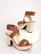 رخيصةأون ضيف حفل الزفاف-صنادل نسائية بيج اللون بكعب عريض ومنصة، أحذية رسمية مريحة بأشرطة متقاطعة مناسبة لحضور حفلات الزفاف على الشاطئ