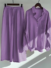 preiswerte Sets-Damen Baumwoll-Leinen Hosen Sets Bolero Oberteil Langarm Hemd Kragen Einfarbig Mode Streetwear Lässig Alltag Draußen Blau Schwarz Weiß Sommer Lockerer Schnitt