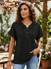 Недорогие Простая футболка-Жен. Летние вершины Сплошной цвет Элегантный стиль Винтаж Симпатичные Стиль С короткими рукавами Капюшон Обычные топы Повседневные Синий Черный Розовый Лиловый Бежевый Лето Весна Осень