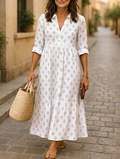 baratos Vestidos Falsos Essenciais-Mulheres Vestido maxi longo Linho de algodão sintético Vestido casual Vestido A Line Moda Moderno Diário Férias Para Noite Normal Folha Manga Longa Colarinho de Camisa Azul Amarelo Claro Branco Rosa