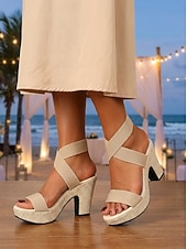 رخيصةأون ضيف حفل الزفاف-صنادل نسائية بيج اللون بكعب عريض ومنصة، أحذية رسمية مريحة بأشرطة متقاطعة مناسبة لحضور حفلات الزفاف على الشاطئ