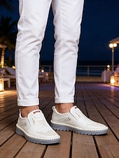 お買い得  男性-メンズフェイクレザーリゾートイブニングシューズ、スタイリッシュなホワイトスリッポンローファー、エレガントなイブニングイベントに最適