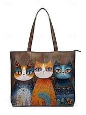 cheap Vacation &amp; Travel Bags-Women's Polyester Tote Bag, Large Capacity with Zipper, Multiple Cat Designs, Perfect for Vacations, Shopping, and Everyday Casual Use