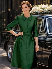 preiswerte Teelänge-Schlauchkleid Knielang Partykleid Cocktailkleid Kleid für Hochzeitsgäste Brautmutterkleid Dreiviertelarm Hemdkragen Elegant Minimalistisch Hochzeitsgast Cocktailparty Formeller Abend Stretch Satin mit