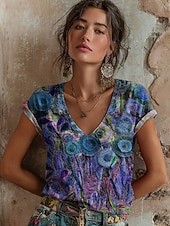  Per donna Maglietta Stampato Floreale Grafico Graffiti Bohemien Vintage Casual Manica Corta Scollo a V Top Regolari Quotidiano Blu Azzurro cielo Viola Verde Estate Primavera