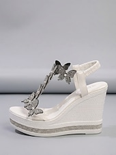 cheap Women-Women's White Butterfly Wedge Sandals - Sparkly Rhinestone Platform Heels for Resort Pool Parties, Tropical Vacations &amp; Summer Glamour