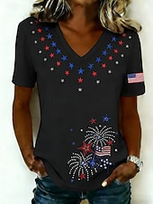 billiga Självständighetsdagen Topp-Amerikanska självständighetsdagen Dam T-shirt Mönster Grafisk Flagga Vintage Stylish Klassisk Kortärmad V-hals Långa toppar Dagligen Blå Svart Vit Sommar Vår