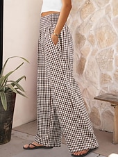 cheap Wide Leg &amp; High Waisted-Women's Wide Leg Chinos Vacation Fashion Streetwear Full Length High Waist Plaid Pocket Elastic Waistband Printing Comfy Comfort Soft Stretchy Daily Outdoor Street Blue Black Yellow Pink Spring Fall