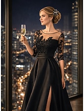 ieftine Lungimea podelei-Linia -A Lungime Podea Rochie pentru invitata de nunta Rochie formala Rochie Flare Rochie Mama Miresei Lungime Manșon 3/4 Bijuterie Elegant Mamă Invitat la nunta Satin cu Mărgele Aplică