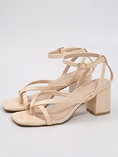 abordables Mujeres-Sandalias de tiras con tacón de bloque en color crema para mujer: elegantes zapatos con punta cuadrada y tira en el tobillo para resorts al aire libre, vacaciones de verano y bodas en la playa.