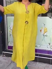 Χαμηλού Κόστους Βασικά Ψεύτικα Φορέματα-Γυναικεία Μίντι φόρεμα Λινό από ψεύτικο βαμβάκι Καθημερινό φόρεμα Κομψό Μοντέρνα ΕΞΩΤΕΡΙΚΟΥ ΧΩΡΟΥ Διακοπές Εξόδου Κανονικό Σκέτο Κοντομάνικο Λαιμόκοψη V