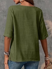 preiswerte Hemden-Damen Bluse Hemd aus Leinenimitat Knöpfe Einfarbig Stilvoll Basic Lässig Halbarm Rundhalsausschnitt Normale Oberteile Täglich Blau Schwarz Weiß Armeegrün Rote Sommer Frühling Herbst
