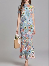 Недорогие Коктейльные платья-Платья для вечеринок русалки винтажное платье свадьба свадебный гость до щиколотки короткий рукав круглый вырез тюль с вышивкой