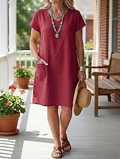 abordables Robe blanche-Femmes Robe Longueur Genou Robes en coton et lin Robe fourreau Robe Décontractée Élégant Mode Moderne Quotidien Extérieur Vacances Coupe régulière Uni Manche Courte Col en V Bleu Jaune Vin Orange Ét