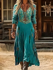 tanie Etniczna sukienka boho-Damskie Sukienka midi Sukienka Boho Zabytkowa sukienka Codzienne sukienki Moda Klasyczny Nowoczesny Codzienny Na zewnątrz Urlop Regularny Kwiaty Długi rękaw W serek Niebieski Czerwony Granatowy