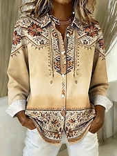 preiswerte Streifen- und geometrische Blusen-Damen Hemd Bluse Patchwork Knöpfe Druck Grafik Geometrisch Karomuster Vintage Tropisch Täglich Langarm V Ausschnitt Hemdkragen Lange Oberteile Täglich Strandbekleidung Urlaubskleidung Blau Schwarz