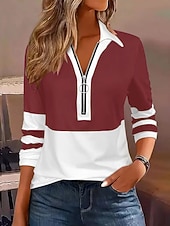 cheap Stripe&amp;Geometric Blouses-Women's Blouse Zipper Striped Stylish Casual Long Sleeve Turndown Regular Tops Daily Blue Black Wine Brown Green Spring Fall