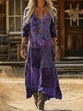 billiga Etnisk Boho Klänning-Dam Maxiklänning Boho-klänning Vintage klänning Vardagsklänning Vintage Dagligen Utomhus Semester Normal Blommig Långärmad V-hals Svart Armégrön Marinblå Purpur Vår Höst