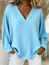 baratos Blusas Simples-Mulheres Blusa Camisa de algodão Côr Sólida Diário à moda Básico Manga Longa Decote V Tops regulares Diário Azul Rosa Marron Bege Primavera Outono