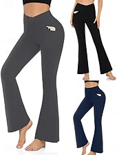 abordables Leggings unis-Femmes Pantalons Pantalon décontracté leggings évasés Vacances Mode Streetwear Longueur complète Taille haute Uni Avec Poches Taille Élastique Confortable Élastique Quotidien Yoga Sport &amp; Loisir Noir