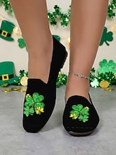  レディース セントパトリックスデー クローバーハートプリント 軽量フラットシューズ - アイルランドのパレード、ホリデーパーティー、旅行に最適な伸縮性のあるニットスリッポンシューズ &毎日の散歩