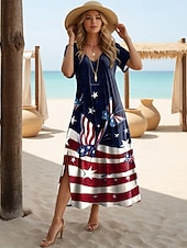  يوم الاستقلال الأمريكي نسائي فستان طويل فستان شيفت فستان خفيف فستان تيشيرت العطلة كاجوال مناسب للعطلات فضفاض صالح الرسم العلم الأمريكي كم قصير V رقبة أزرق أبيض أحمر أزرق داكن الصيف الربيع