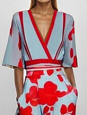 tanie Eleganckie sukienki kwiatowe-Damskie Sukienka midi Codzienne sukienki Sukienka w kwiatki Elegancja Moda Nowoczesny Na zewnątrz Urlop Wyjściowe Regularny Kwiaty Rękaw 1/2 W serek Biały Czerwony Lato Wiosna