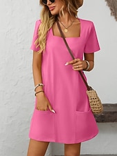 cheap Plain Dress-Women's Mini Dress Casual Dress Elegant Fashion Modern Outdoor Vacation Going out Regular Fit Plain Short Sleeve Square Neck Black Green Rose Red Light Blue Summer Spring