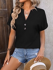 cheap Plain Blouses-Women's T Shirt Tee Top Buttons Plain Fashion Stylish Classic Short Sleeve V Neck Regular Tops Daily Going out Weekend Black Pink Sky Blue Fuchsia Green Summer Spring
