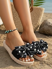 voordelige Vrouwen-Dames slippers met stippen en strik, met gevlochten touwzool – schattige instapschoenen voor strandvakanties, zomervakanties en bij het zwembad.