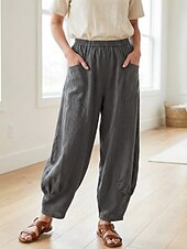 preiswerte Premium-Leinen-Kollektion-Damen-Leinenhose aus 70 % Leinen, weites Bein, Chino-Stil, Sommerhose, Urlaubshose, Streetwear, Basic, lange Länge, mittlere Bundhöhe, schlicht, Tasche, elastischer Bund, bequem, komfortabel, nicht elastisch, für Alltag, Outdoor, Straße, Bordeauxrot, Azur