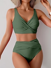 economico Bikini-Per donna Costumi da bagno Bikini Due pezzi Costume da bagno Arricciato Senza schiena Vacanza Abbigliamento da Spiaggia Semplice Scollo a V Senza Maniche Costumi da bagno