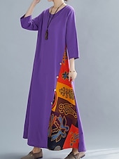 abordables Robes-Robe maxi en lin pour femme faux coton robe décontractée coupe ample graphique floral manches 3/4 col rond noir jaune rouge violet été printemps