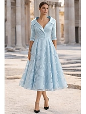 Недорогие Длина чая-А-силуэт Ниже колена Платье для вечеринки Коктейльные платья Свадебное платье для гостей Платье для матери невесты Рукав 3/4 Рубашечный воротник Элегантный стиль Винтаж