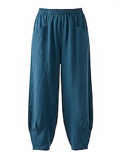 preiswerte Premium-Leinen-Kollektion-Damen-Leinenhose aus 70 % Leinen, weites Bein, Chino-Stil, Sommerhose, Urlaubshose, Streetwear, Basic, lange Länge, mittlere Bundhöhe, schlicht, Tasche, elastischer Bund, bequem, komfortabel, nicht elastisch, für Alltag, Outdoor, Straße, Bordeauxrot, Azur