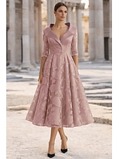 Недорогие Длина чая-А-силуэт Ниже колена Платье для вечеринки Коктейльные платья Свадебное платье для гостей Платье для матери невесты Рукав 3/4 Рубашечный воротник Элегантный стиль Винтаж