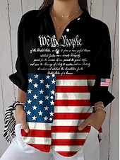preiswerte Unabhängigkeitstag Top-Amerikanischer Unabhängigkeitstag Damen Hemd Gerafft Blumen Grafik Flagge Vintage Stilvoll Langarm Flattrige Ärmel Glockenärmel Hemdkragen Normale Oberteile Täglich Arbeit Ferien Blau Schwarz Rot