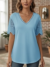 preiswerte Spitzenoberteile-Damen Hemd Bluse Spitzentops Patchwork Spitzenbesatz Einfach Bohemien Stilvoll Lässig Kurzarm V Ausschnitt Normale Oberteile Täglich Ferien Ausgehen Weiß Rosa Purpur Leicht Blau Sommer Frühling