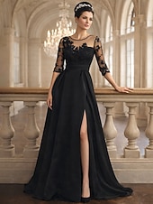 ieftine Lungimea podelei-Linia -A Lungime Podea Rochie pentru invitata de nunta Rochie formala Rochie Flare Rochie Mama Miresei Lungime Manșon 3/4 Bijuterie Elegant Mamă Invitat la nunta Satin cu Mărgele Aplică