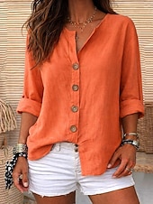 abordables Camisas de Lujo-Blusa de mujer 100% algodón con botones, color liso, para uso diario informal, manga 3/4, cuello en V, tops regulares, para uso diario, negro, blanco, rojo, naranja, verde, verano, primavera, otoño