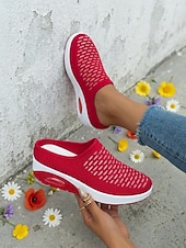 Χαμηλού Κόστους Γυναικεία Sneakers-Γυναικεία κόκκινα casual αθλητικά mules με πλατφόρμα αέρα - αναπνεύσιμο πλέγμα στο πάνω μέρος, ελαφριά και άνετα παπούτσια για περπάτημα για γυναίκες, ιδανικά για καθημερινή χρήση, ταξίδια, ψώνια,