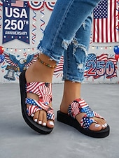  Lette patriotiske flate sandaler til dame – sandaler med amerikansk flaggtrykk og krysssandaler, ideelle for uavhengighetsdagen, 250-årsjubileum og uformell streetwear