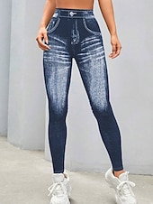 cheap Graphic Leggings-Women's Jeans Leggings Jeggings Vacation Streetwear Casual Full Length Medium Waist Plain Pocket Elastic Waist Comfy High Elasticity Daily Home Outdoor Dark navy Spring Fall Loose Fit