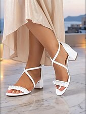 economico Donne-sandali da sposa con tacco a blocco decorati con perle da donna: elegante design con cinturini per spose moderne per matrimoni chic in città
