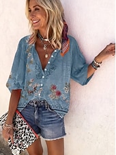 Недорогие Цветочные блузки-Жен. Рубашка С принтом Омбре Цветочный принт Графика Богемия Винтаж Повседневные Рукав 3/4 V-образный вырез Обычные топы Повседневные Праздники Одежда для пляжа