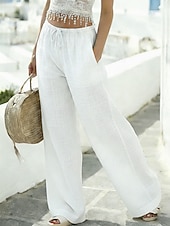 baratos Partes inferiores-Calça feminina de verão 100% algodão, casual, comprimento total, cós elástico natural, design com cordão elástico, sem elástico, nas cores branco leitoso, carmim e verde escuro, para primavera e outono.