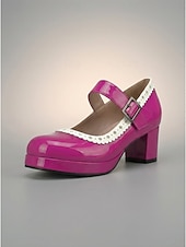 abordables Retro de los años 50-Zapatos Mary Jane vintage de los años 50 para mujer: elegantes tacones de bloque de charol negro sintético con ribete festoneado para fiestas retro y eventos rockabilly. &amp;estilo de mediados de siglo