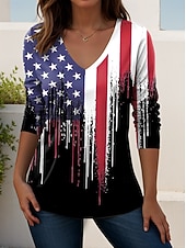  Tricou patriotico pentru femei cu grafică steag american vintage stilat clasic cu mânecă lungă gât în V regular tops de zi cu zi weekend negru roșu roșu/albastru vară primăvară