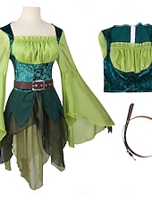 levne oblečení-Středověké Renesanční Šaty Fancy kostým Elf Víla Elfí Maškarní kostým Dámské Fantazie předvečer Všech svatých Karneval Výkon LARP Ren Faire Dospělé Šaty Pásek