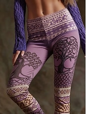 abordables -Femmes Leggings Leggings confortables Vacances ancien Style Ethnique Longueur complète Taille haute Graphique Impression Confortable Élastique Occasionnel Quotidien Vacances Jaune Violet Printemps